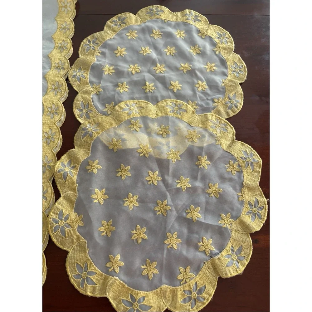 VTG Dresser Vanity Scarf Set (3) Cottage Core Shabby Chic Golden Yellow Flowers